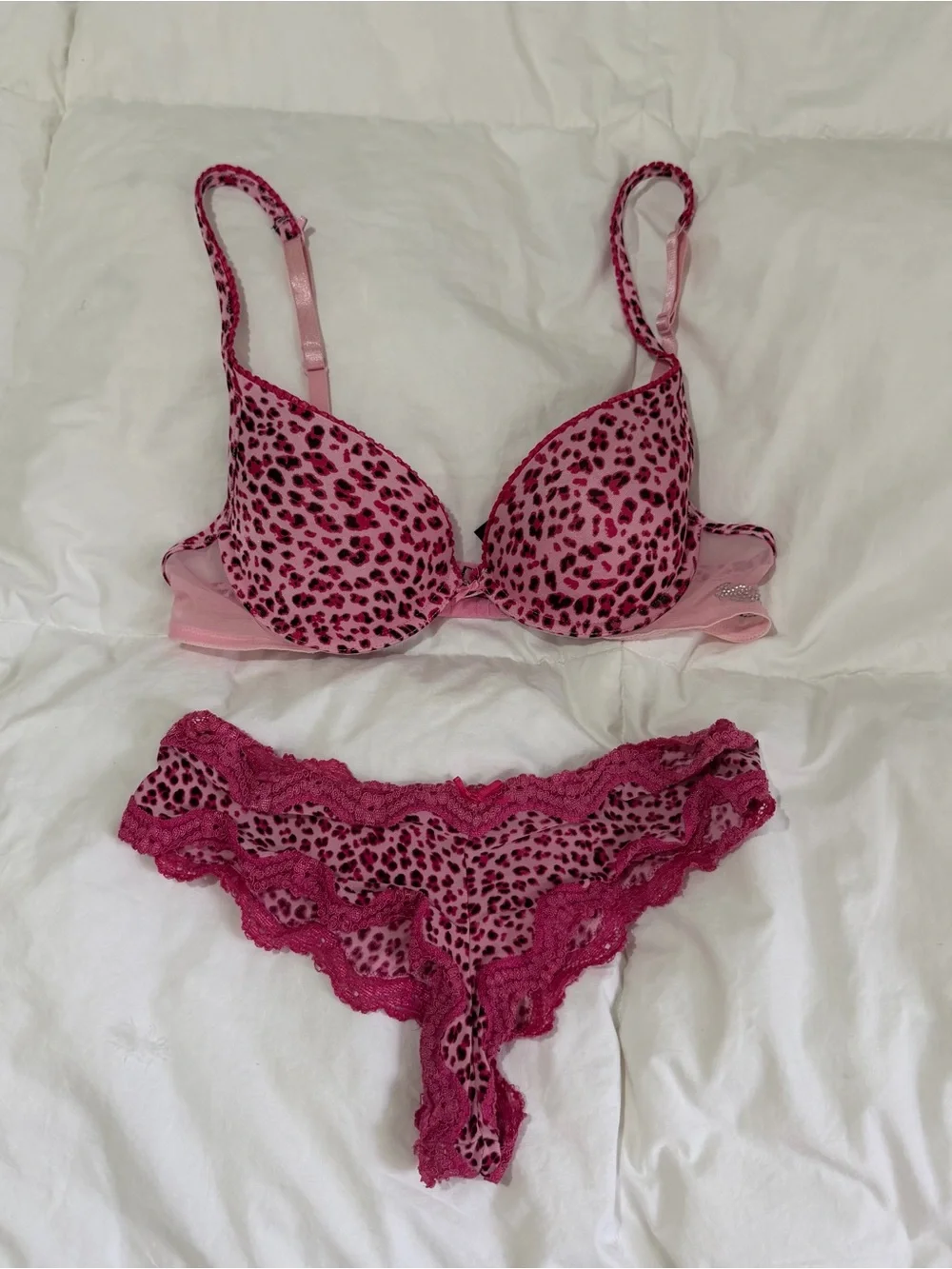 Vintage Victoria's Secret Pink Leopard Lace Bra & Thong Set